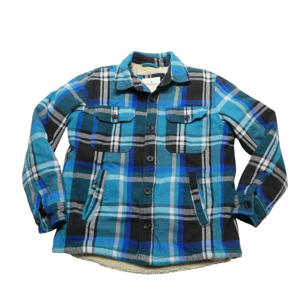 American Eagle Outfitters Jacket Mens Large Blue Plaid Sherpa Lined Flannel